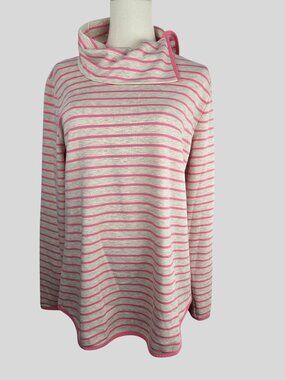 T By Talbots Long Sleeve Top Sz M Terry Pink White Striped Cowl Neck Coastal Mom